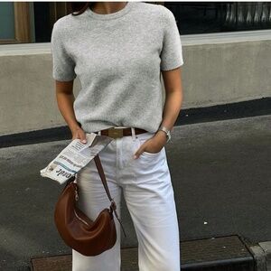Grey Knit Sweater Top Round Neck Short Sleeve